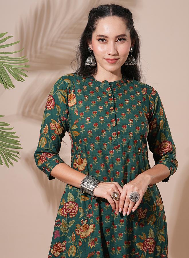 globus Women Green Floral Print Mandarin Neck Kurta with Pant Set - Image 5